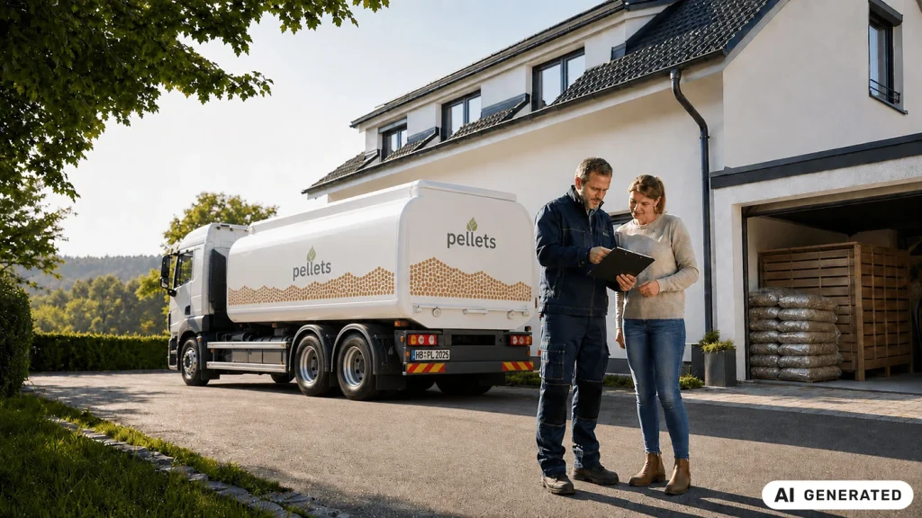 KI-generiertes Symbolbild: Ein Liefermitarbeiter und eine Kundin prüfen Unterlagen neben einem Pelletlieferfahrzeug.