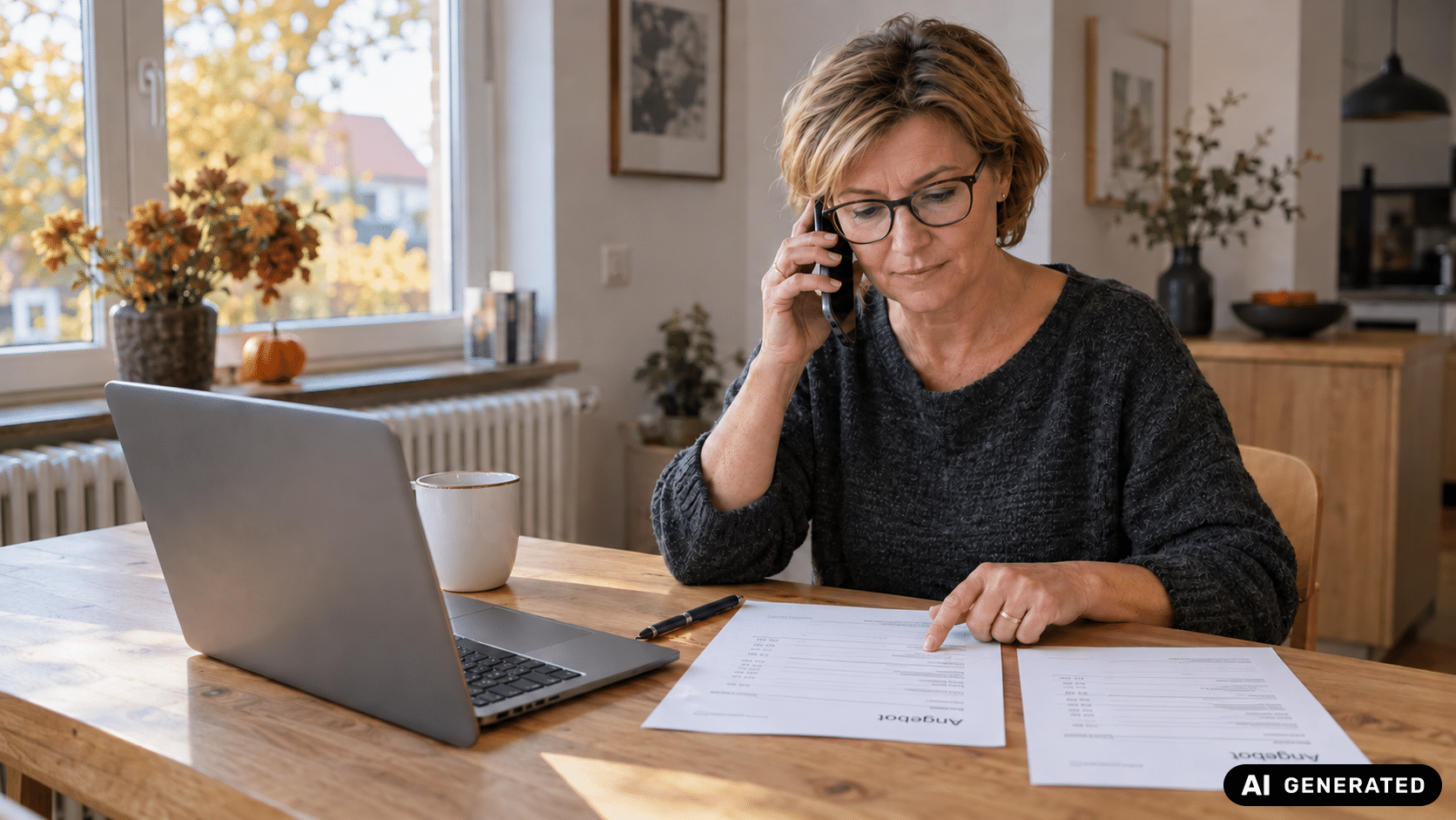frau telefoniert und prüft dokumente.